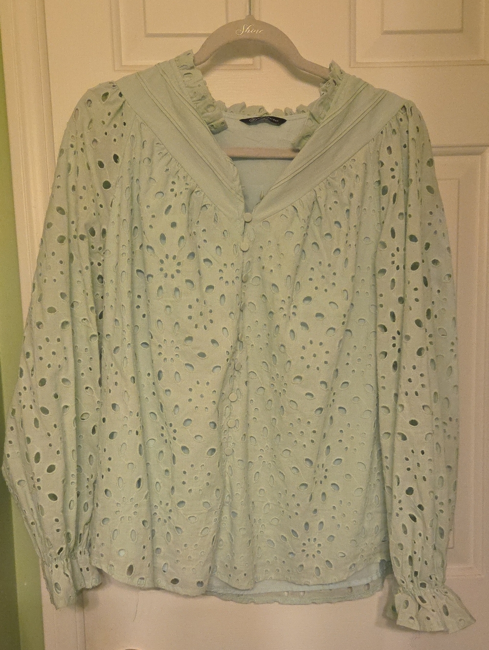 Mint Eyelet Long-Sleeve Blouse with Ruffled Neckline